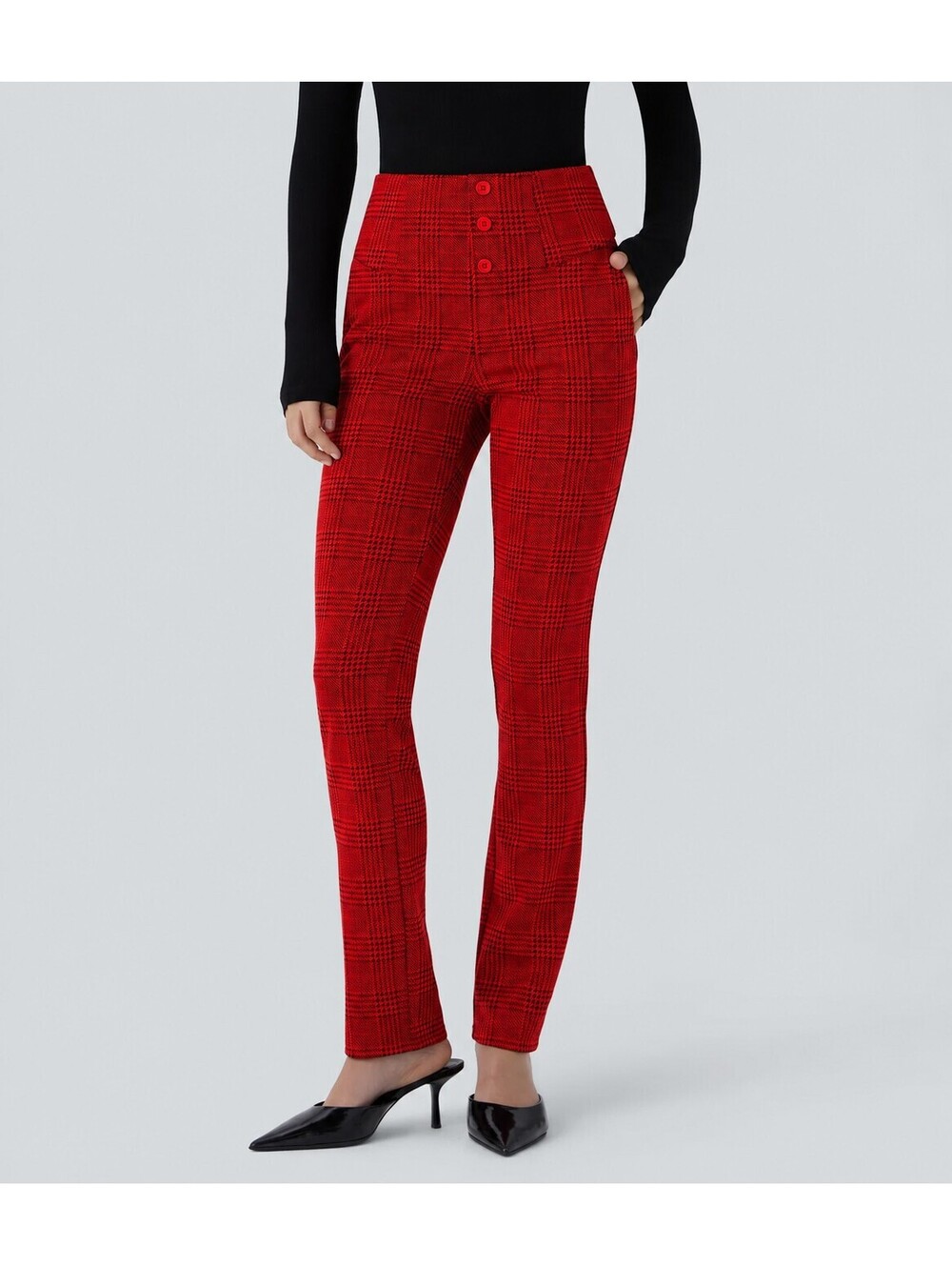 Halara Flex High Waisted Houndstooth Plaid Skinny Work Pants Red Size XL
